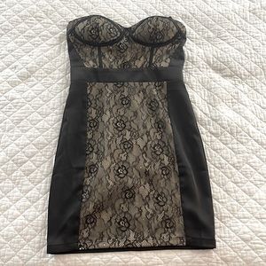 Size small. Black lace strapless dress.